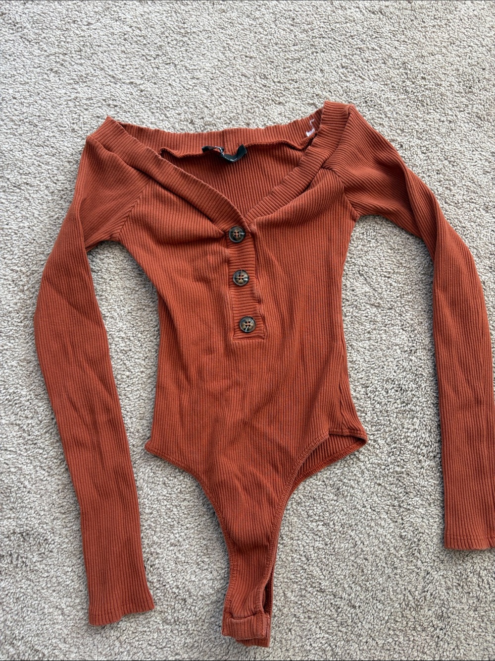 Lulu's Rust Ribbed Off-Shoulder Long-Sleeve Bodysuit - Picture 1 of 4